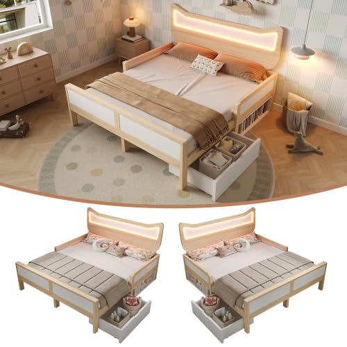 feynoss Lit pour enfant, 140 x 200 cm, avec oreilles de chat et LED RVB, lit simple, en bois, avec tiroir et compartiment de rangement, grille de protection...