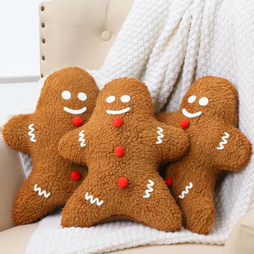 Chitidr 3 Pcs Christmas Gingerbread Man Throw Pillow Gingerbread Man Shaped Cushion Christmas Decorative Pillows Pillow Filling Christmas Toys Stuffed Decor for Home Bedroom Couch Decorations