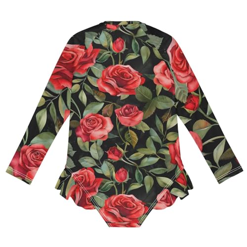 Girls One Piece Swimsuits Long Sleeve Swimsuit Zipper Bathing Suits Red Roses Flower Black2