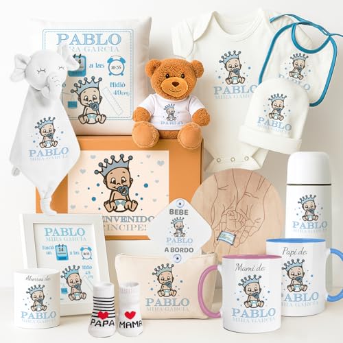 Kembilove Canastilla Bebe Recien Nacido Niño | Pack Personalizado con Nombre | Cesta Regalo Bautizo Azul | Set Elegante Baby Shower Maternidad | Monta Tu Pack