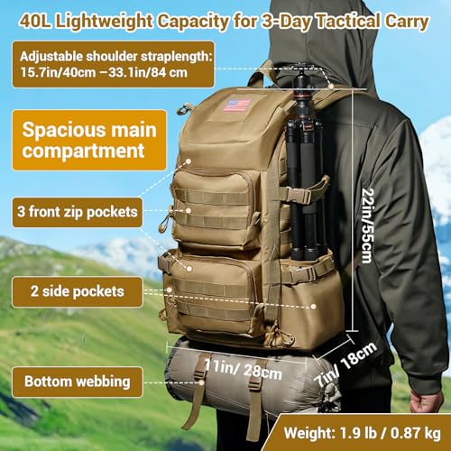 Lightweight Tactical Backpacks with Laptop Compartment for Men 40L EDC MOLLE Military Style 17 in Computer with Cup Holder Travel Hiking Daypack