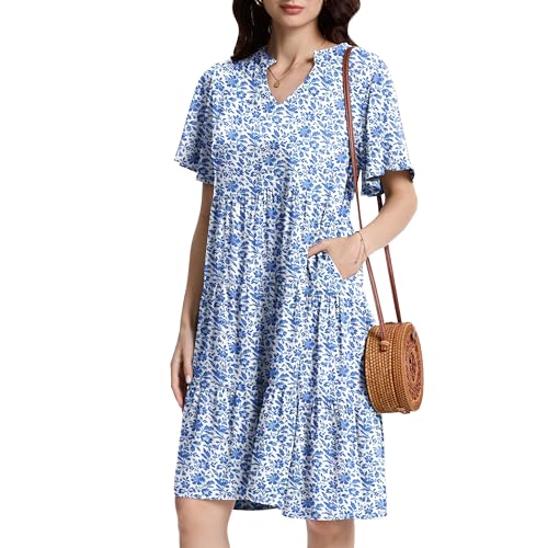 Image of Womens Casual Tiered Swing Midi Dress Ruffle Sleeve V Neck A Line Petite Summer Dresses with Pockets