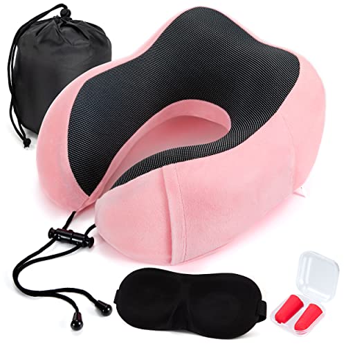 Oreiller de Voyage, Oreiller Cervical en Mousse à Mémoire de Forme, Coussin de Support pour le Repos, L'avion, la Voiture, Masque de Sommeil, Bouchons d'oreille et Sac de Transport Inclus (Rose) Cover