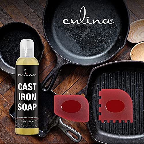 Image of Cast Iron Cleanser by Culina - Cleans and Protects Cast Iron Cookware, Kosher Certified 8oz with scrapers