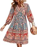 BTFBM Femmes Casual Printemps Robes d'été V Cou 3/4 manches longues Ruffle Floral Flowy Boho Babydoll Mini Robe courte de plage