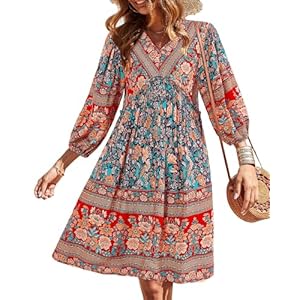 BTFBM Women Casual Spring Summer Dresses V Neck 3/4 Long Sleeve Ruffle Floral Flowy Boho Babydoll Mini Short Beach Dress