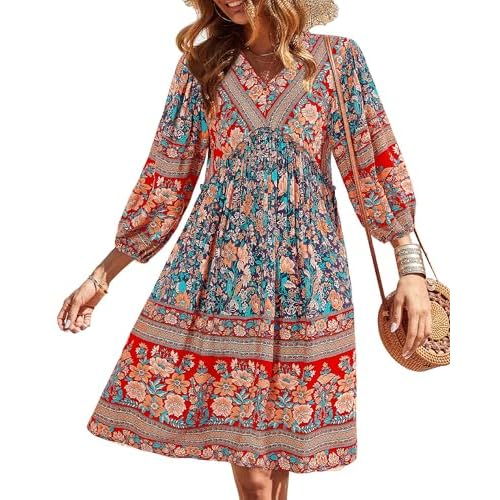 BTFBM Women Casual Spring Summer Dresses V Neck 3/4 Long Sleeve Ruffle Floral Flowy Boho Babydoll Mini Short Beach Dress