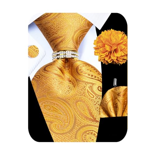 Image of 5PCS Mens Silk Designer Tie, Pocket Square, Cufflinks, Drilled Tie Ring and Lapel Pin Set for Wedding Groom Party