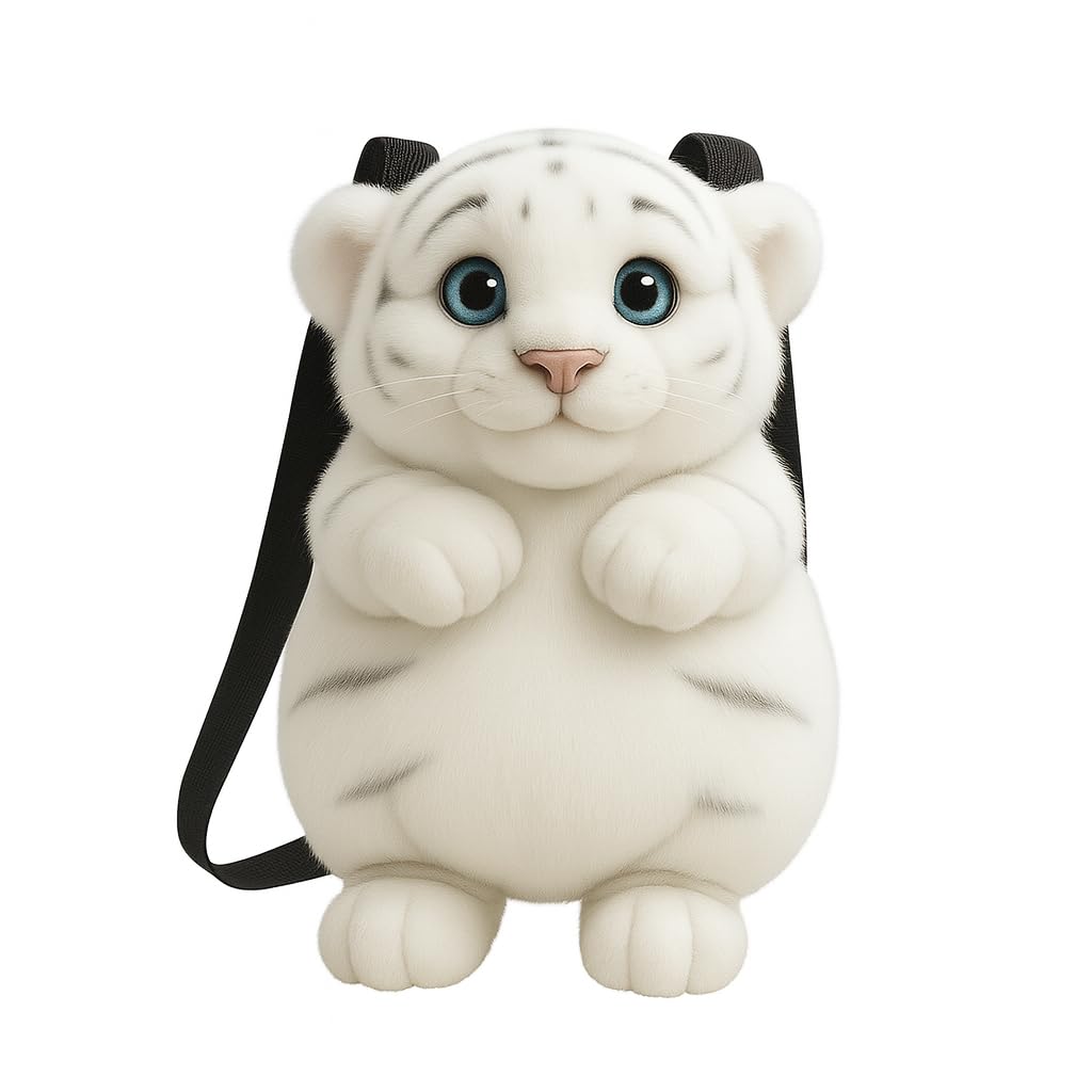 Cute Tiger Plush Sling Bag for Kids | Soft Toy Shoulder Bag with Adjustable Strap | Lightweight Animal Backpack for Boys & Girls | Travel & Gift Bag – Black & White