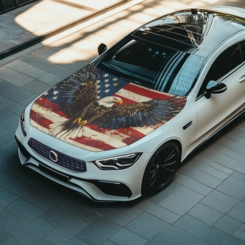 Image of Eagle American Flag Car Hood Cover Weatherproof Automotive Exterior Accessories Universal Fit Hood Covers for Cars, Trucks, SUV, or Van Full Coverage 4th of July Decor