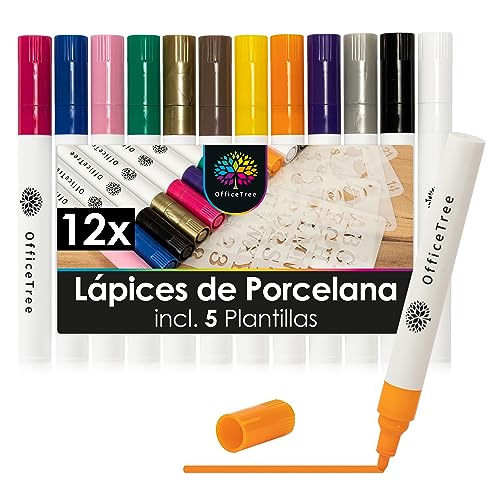 OfficeTree Juego de 12 lápices rotuladores para pintar porcelana y vidrio - 12 colores y 5 plantillas - juego de lápices rotuladores para pintar porcelana y decorar vidrio a base de agua