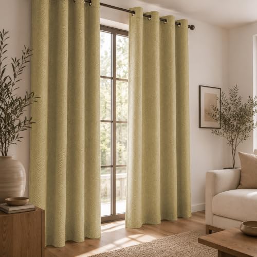 Image of LINENWALAS 100% Blackout Curtains for Window (5 Feet) - Set of 2 Panels, Herringbone Linen Texture Complete Light Block, Thermal Insulated & Noise Reducing Room Darkening Drapes (Golden Beige)