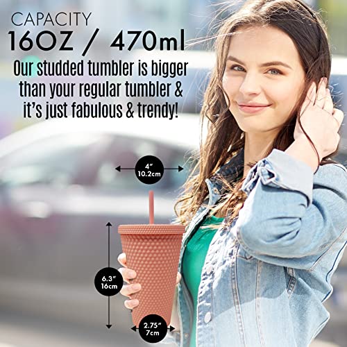 Nadia's Little Treasures Studded Tumbler Straw Lid - Plastic Double Walled Cold Cup for iced Coffee, Water, Slush or Smoothies, Your Home Cinema Cup (Matte Coral 16OZ / 450ml) - Image 2
