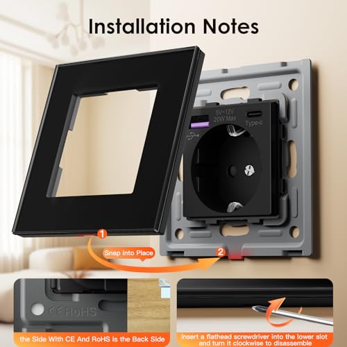 BSEED Lichtschalter mit Steckdose Schuko Unterputz Steckdose mit USB C 20W Schnellladegerät USB Type C 1 Fach 1 Weg Taste Schalter mit Glas Rahmen Wandsteckdose Geeignet für Phone, Pad-Schwarz