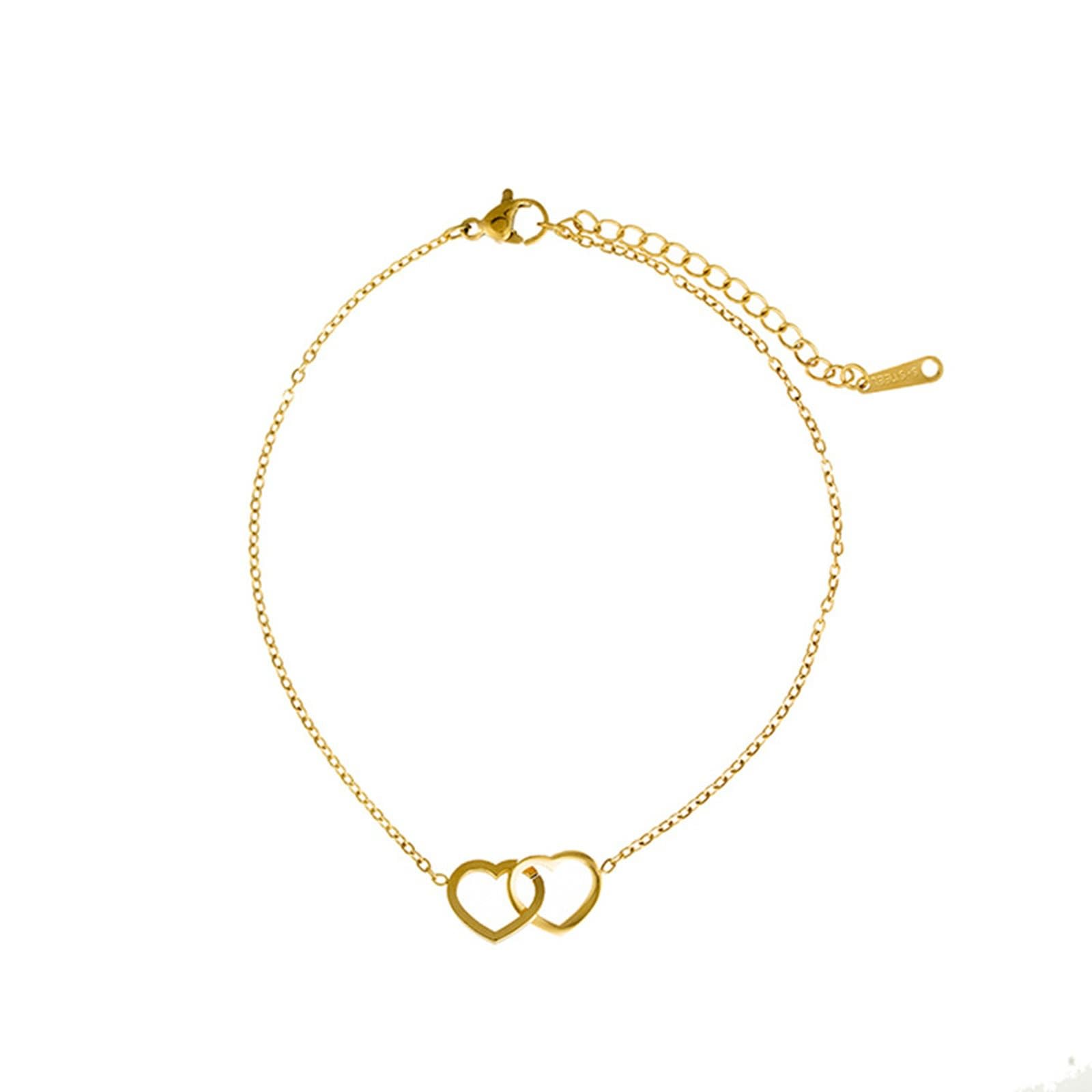 Cavigliera in oro giallo 18 carati Au750, 750, con doppio cuore, da donna, estiva, a piedi nudi, lunghezza 27 cm
