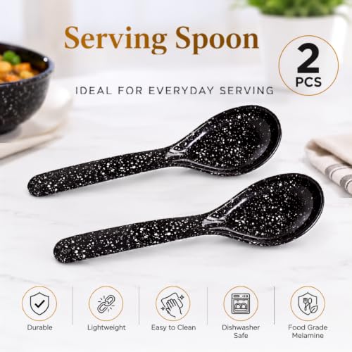 Image of Melvio By Malti Black Granite 2 Piece Serving Spoon | Melamine Dinnerware Set, Premium Dinner Set Crockery Plates Bowls Tableware for Home Dining Kitchen