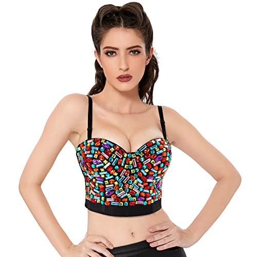 Charmian Women's Colorful Rhinestone Push Up Bra Clubwear Party Bustier Crop Top Valentines Bra Top Black XX-Large