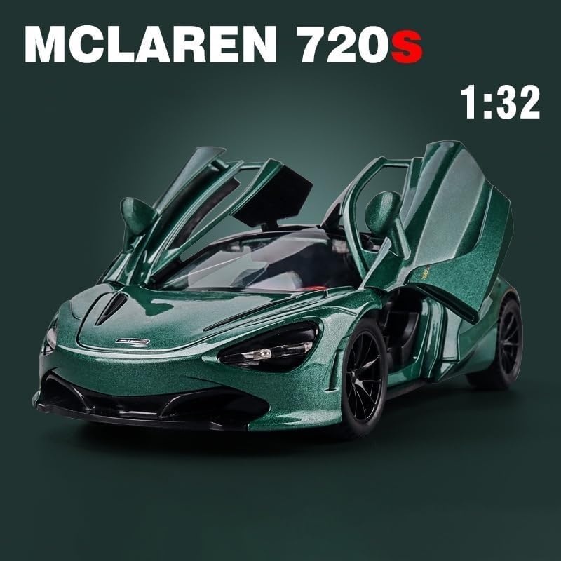 Image of WORSHIPER 1:32 Scale McLaren 720S Die-Cast Model Car � Alloy Metal Pullback Toy Car with Openable Butterfly Doors, Lights & Sound � Kids & Adults (1:32 McLaren 720s Green Color)