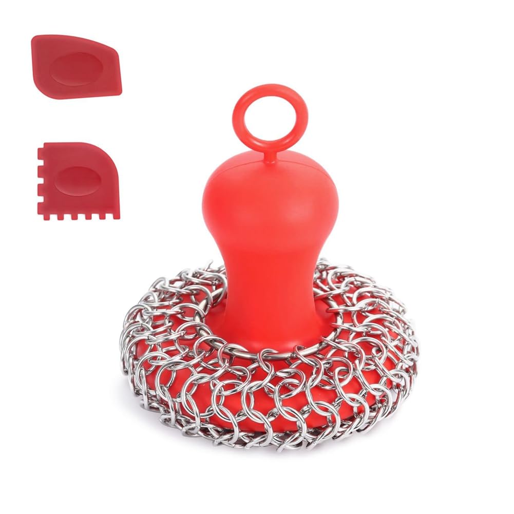 CTRLZS Cast Iron Chainmail Scrubber + Pan Stainless Steel Skillet Cleaner, Scraper Tool For Cast Iron Pans Washable Red
