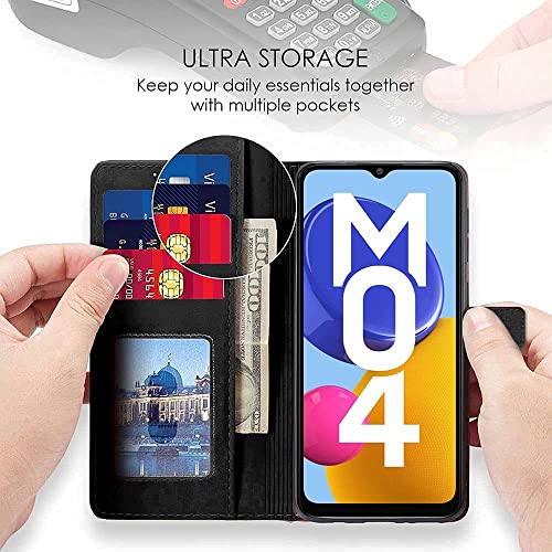 Image of WOW IMAGINE Shock Proof Flip Cover Back Case Cover for Samsung Galaxy M04 | F04 | A04e (Flexible | Leather Finish | Card Pockets Wallet & Stand | Black)
