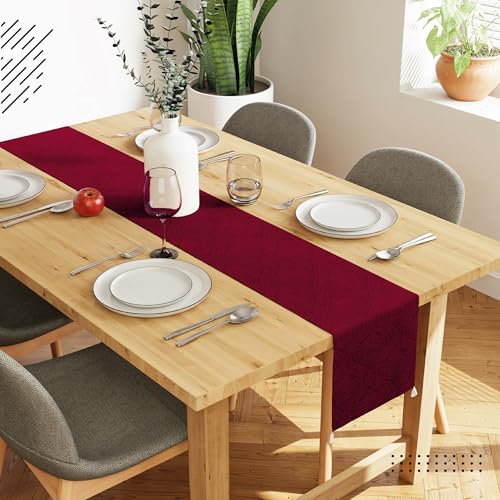 Image of Encasa XO 8 Seater Dining Embossed Velvet Table Runner | Size 32x240 cm | Maroon Color with Premium Polyester - Machine Washable