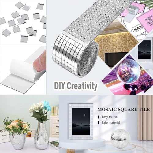 4 Rollen Mosaik Spiegelstreifen 6400 Stück Mini Spiegel Mosaikfliesen Selbstklebend Quadratische Mosaikglas Spiegelaufkleber für DIY Handwerk Dekoration Silber 5 x 5 mm