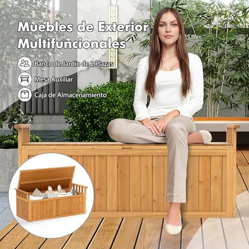 GOPLUS Caja de Almacenaje 209L de Madera para Exteriores, Banco de Jardín con Reposabrazos y Almacenamiento Oculto, Baúl Exterior para Organizar y Relajarse para Jardín, Porche y Piscina (Natural) - imagen 4
