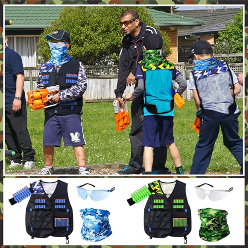 Image of Sosation 12 Sets Kids Tactical Vest Tactical Party Supplies Favor Accessories, Face Mask Wrist Holder Toy Gift (Green and Blue)