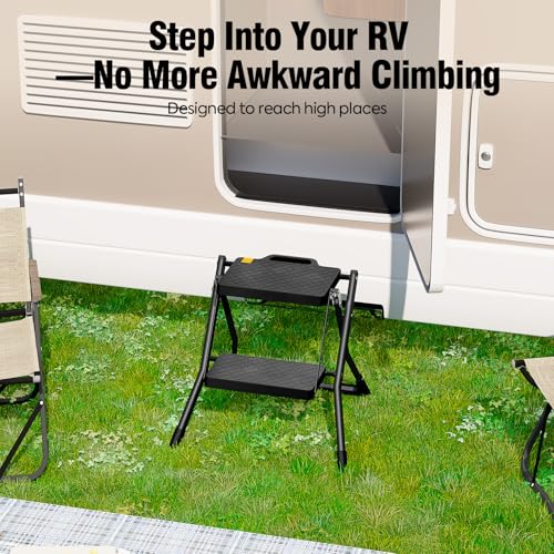 Urackify Trittleiter 2 Stufen, Tritthocker Klappbar mit Rutschfester Tritt, Entriegelungstaste, Tragegriff bis 150 kg, Mini Stahl Klappleiter, Klapptritt für Zuhause, Büro, Garten, Schwarz