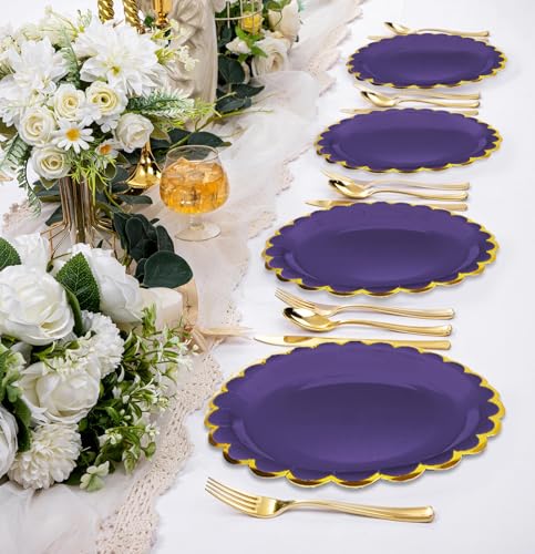 Image of HEIPINIUYE 50 Pieces Purple Paper Plates with Gold Foil 7 Inch Disposable Purple Scalloped Dinner Plates for Wedding Baby Shower Birthday Party Dessert Plate
