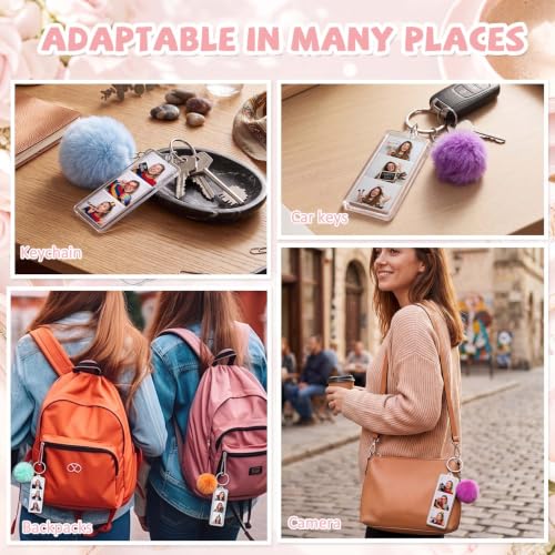 Image of 12 Pack Acrylic Photo Strip Keychains with Colorful Pom Poms, 1 x 3 Inch | Double Sided Acrylic Photobooth Strip Keychains, Easy DIY for Back to School Gifts, Classroom Rewards, Graduation Keepsakes