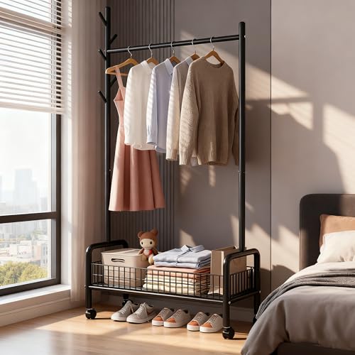 MYUPDALIN Rolling Metal Clothes Rack with Shelves & Storage Basket, Black by MYUPDALIN - Used condition - Image 2