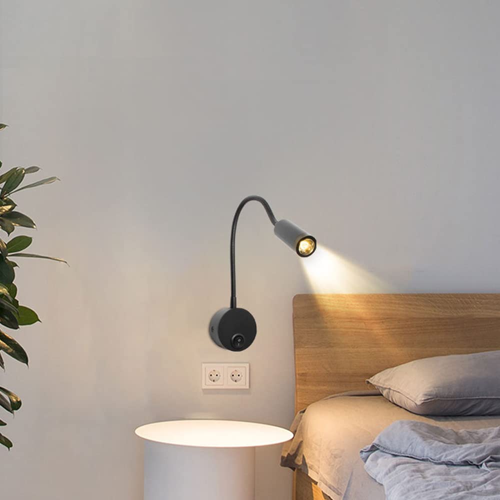HVZUM LED 3W 3000K muur leeslamp wandlamp binnen muur decoratieve lamp, flexibele zwanenhals 360° draaibare wandlamp met schakelaar (zwart