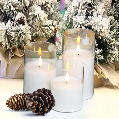 Image of CANDLE CHOICE Real Wax Battery Operated Flameless Pillar Candles with Remote Timer Clear Glass Shell Realistic Black Wick Flickering Electric LED Lights Wedding Halloween Christmas Decorations 3 Pack