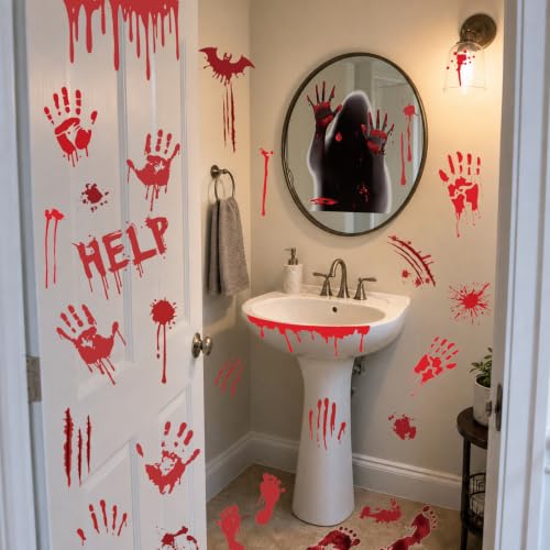 Image of Halloween Bloody Handprint & Footprint Stickers, Spooky Scary Horror Decor | 8 Sheets Blood Splatter Window Decals, Kitchen & Bathroom Floor Mirror Wall Decor, Home Office Halloween Party Decorations