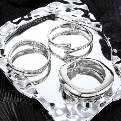 Image of MTINEAPS Gold Bangle Bracelets for Women Teens Trendy Chunky Adjustable Twist Cuff Bracelet Jewelry Gifts (Silver-3 Sets)