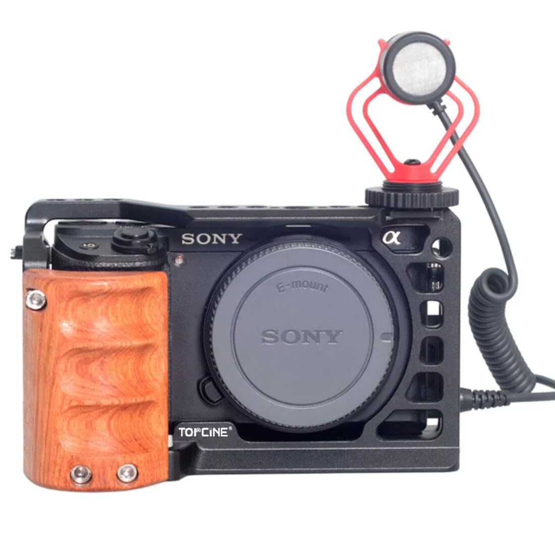 Gabbia per fotocamera con manico in legno, compatibile con la fotocamera Sony Alpha A6400 A6300 A6000 A6100 con fulmini, fori di posizionamento della maniglia, più fori per viti da 1/4" 3/8"