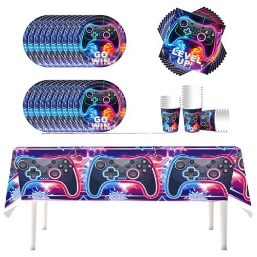 Fuwraixis Vajilla para fiestas videojuegos, Productos para fiestas mando de videojuegos, Vajilla para Cumpleaños Infantil, 20 platos 20 tazas 20 servilletas 1 mantel, para 20 invitados