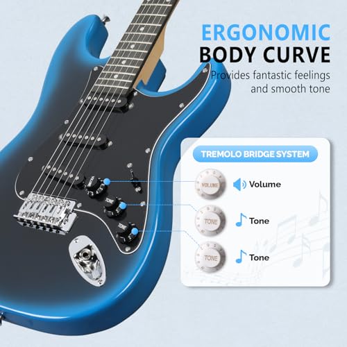 Image of GLARRY Full Size Electric Guitar for Music Lover Beginner with 20W Amp and Accessories Pack Guitar Bag (BLACK & BLUE, 39 inch Right Handed)