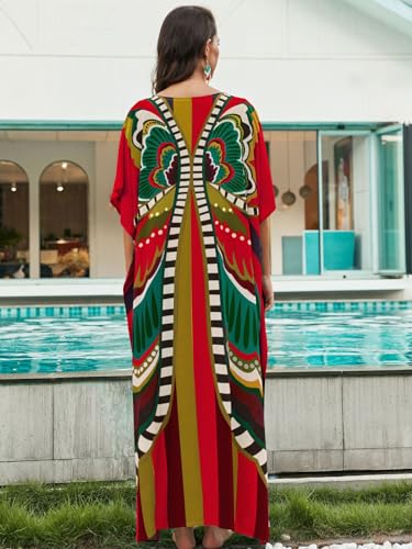 Image of IMAGEKOPE Women's Plus Size Loose Fit Moroccan Print V-Neck Batwing Kaftan Beach Dress Bathing Suit Cover Up