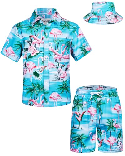 TUNEVUSE Little & Big Boys Hawaiian Button Down Shirts and Short Sets Flamingos Printed Summer Outfits with Matches Bucket Hat Kids 2 Pieces Clothes Cabana Set Blue 9-10 Years