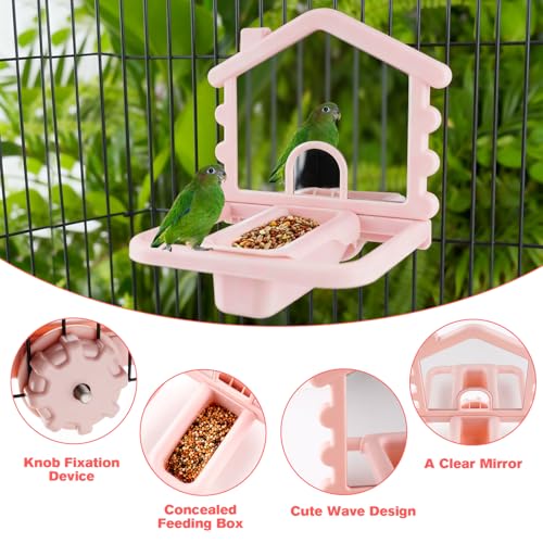 Image of 3 in 1 Bird Mirror with Perch Stand,Parrot Mirror for Cage,Bird Swing Toys for Cockatiels,Lovebirds,Conures,Parakeets-Helps Birds Release Stress (Pink)