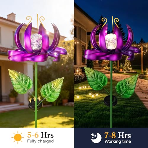 Image of Solar Yard Lights Wind Spinners- Metal Lotus Flower Garden Decor LED Crackle Glass Globe Yard Art Sculpture Solar Stake Lights for Patio Pathway Lawn Walkway (Purple-Large)