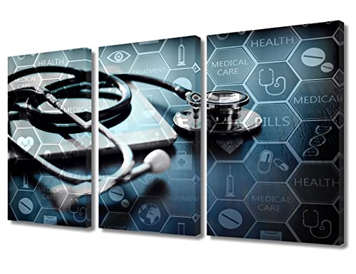 Image of TUMOVO 3 Panel Poster Medical Network Black and White Wall Art Medicine Concept with Modern Laptop Pictures Wall Decor for Living Room Medical Wall Decor for Bedroom Framed Ready to Hang (36 inch Wx24 H)