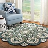 SAFAVIEH Novelty Collection Area Rug - 6' Round, Ivory & Blue, Handmade Boho Floral Rustic Country Wool, Ideal for High Traffic Areas in Living Room, Bedroom (NOV604M)