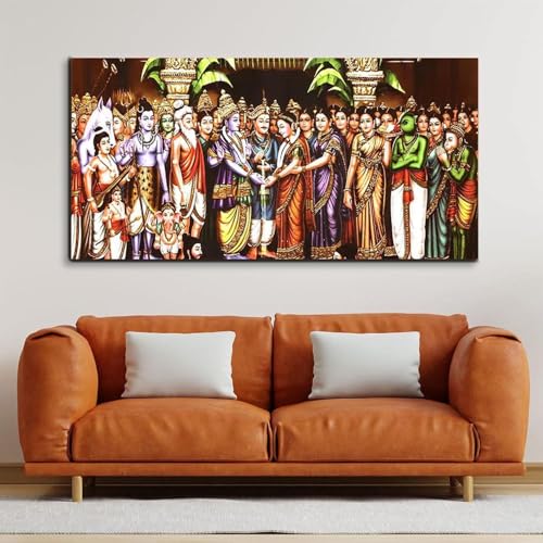 Image of AADEE CRAFT Srinivasa Kalyanam Wall Canvas Painting Big Size With Wooden Framed For Living Room Bedroom, Shri Ram & Mata Sita Swayamber Wall Art For Home Decor Office Walls Size Large (48x24 inches)