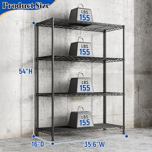 Image of DurayLoly 4- Shelf Metal Shelving Unit Adjustable Storage Shelves Heavy Duty Garage Shelving Steel Wire Shelving for Laundry Bathroom Kitchen Pantry Closet Garage Black, 35.6Wx16Dx54H