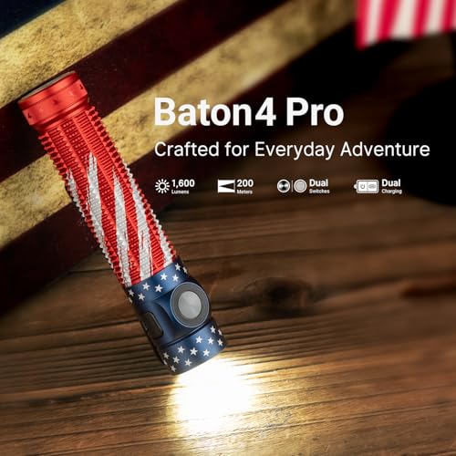 Image of OLIGHT Baton4 Pro EDC Flashlight Rechargeable, 1600 Lumens Small Pocket LED Light with Tactical Switch and Magnetic & USB C Dual Charging for Home Use, Camping and Emergency (Stars&Stripes Edition)