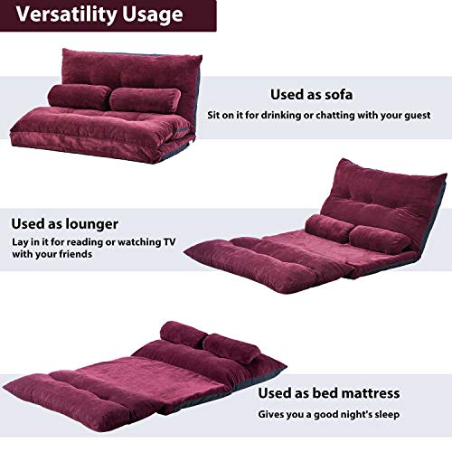 Adjustable Floor Sofa Bed With 2 Pillows , Foldable Futon Couch Leisure Lazy Sofa With 5 Reclining Positions, Upholstery Floor Sofa For Reading Or Gaming In Bedroom/Living Room/Balcony,Burgundy #TOP3