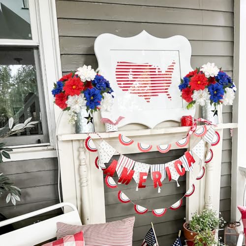 Image of 20 Heads Artificial Flower Patriotic Memorial Bouquet 13 inch Red White and Blue Flowers with Mums Hydrangea 4th of July Flowers for Cemetery Table Centerpiece Memorial Day Home Decor(No Vase)